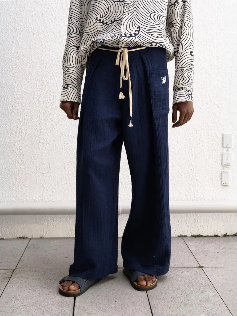 Giesto Navy Blue GIESTO Wide Leg Cotton Drawstring Pants for Men | Best Price UAE